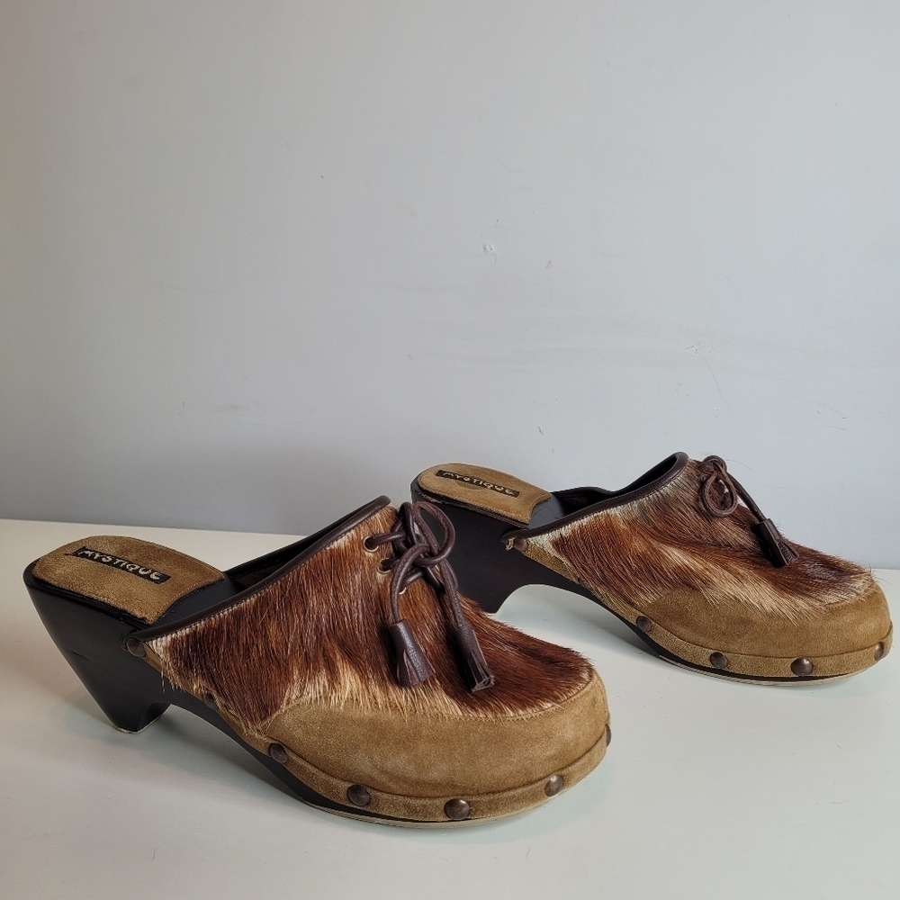 Mystique Calf Hair Leather Wooden Clogs Size Women's 7